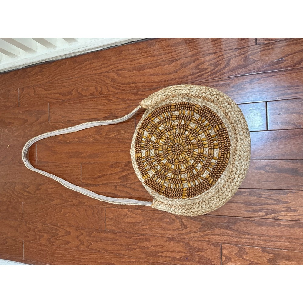 Boho Round Straw Beaded Crossbody Bag Natural Woven Jute Circleβ Purse Tan Brown